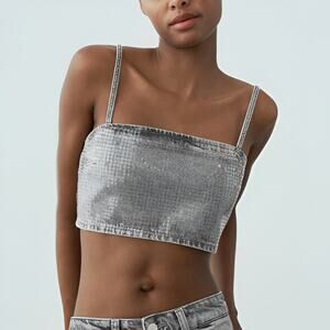 Zara Womens Bloggers Fav Disco Going Out Sequin Foil Denim Crop Top Size XS Gray